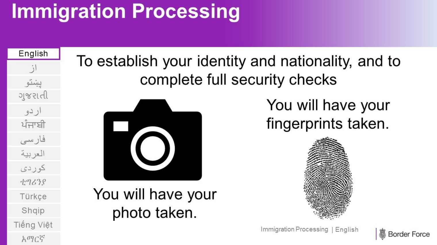 Sign showing camera and fingerprint icons to explain in different languages how biometric information is taken.